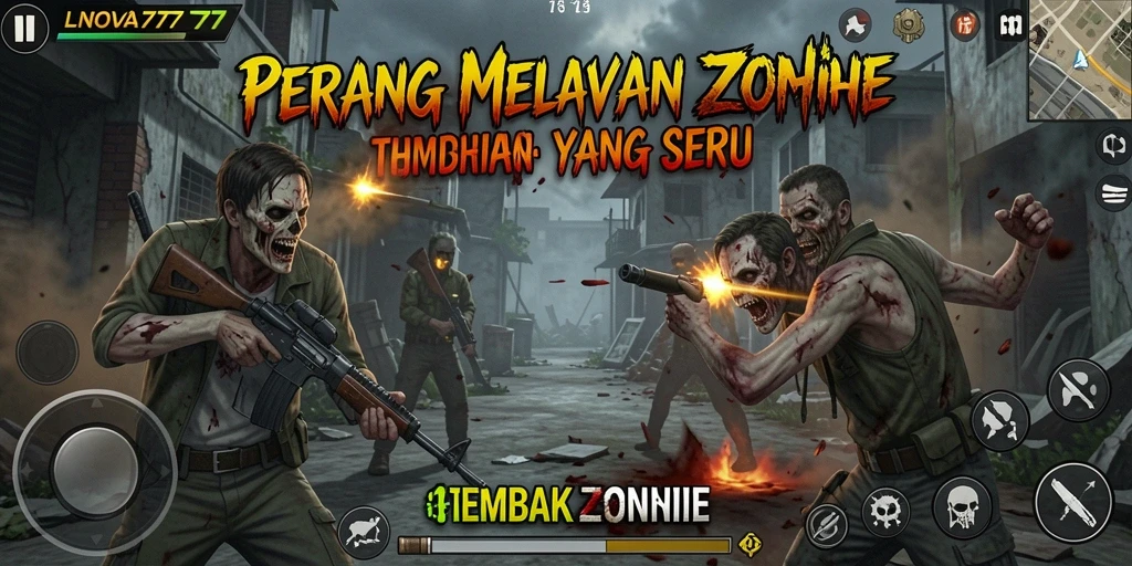 Antarmuka permainan LNOVA777 dengan aksi tembak zombie seru.